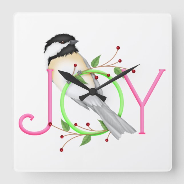 Relógio Quadrado Charmoso Chickadee "Alegria" (Frente)