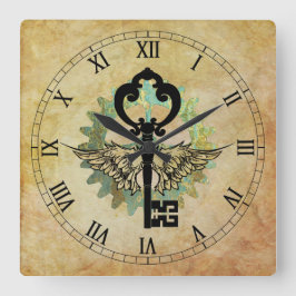 Relógio Quadrado Chave Ala Steampunk e Roda Cog