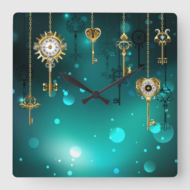 Relógio Quadrado Chaves de Esqueleto Anticas em Fundo Verde (Frente)