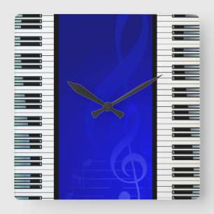 Relógio Quadrado Chaves do piano com notas musicais do efeito azul