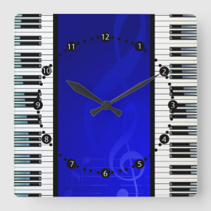 Relógio Quadrado Chaves do piano com notas musicais do efeito azul