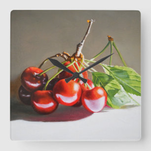 Relógio Quadrado Cherry Ainda Vida Realista com Folhas de Belas Art