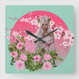 Relógio Quadrado Cherry Blossom Maiden Wall Clock 