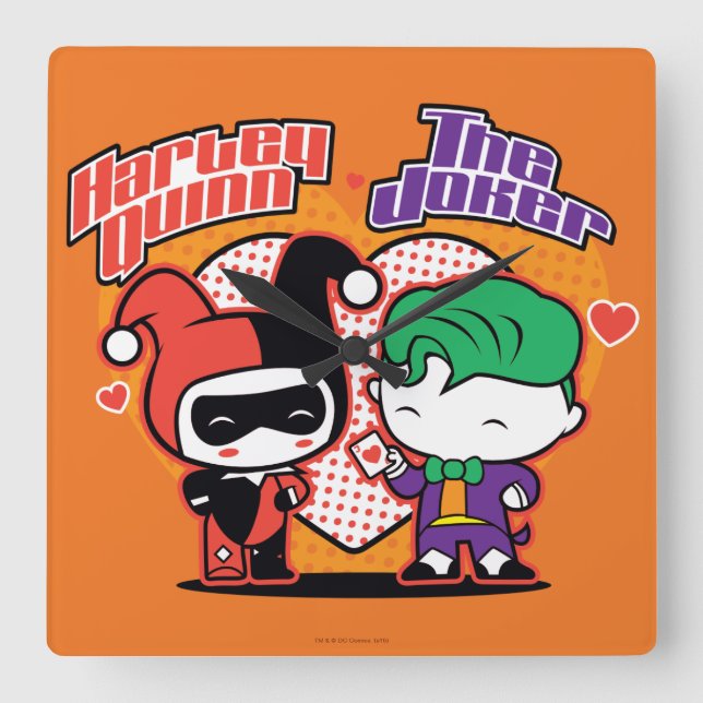 Relógio Quadrado Chibi Harley Quinn & Chibi Joker Hearts (Frente)