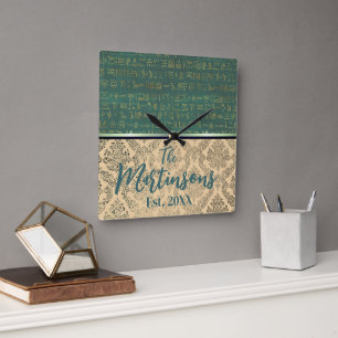 Relógio Quadrado Chic Damask Egípcio Hieroglyphs Family Name