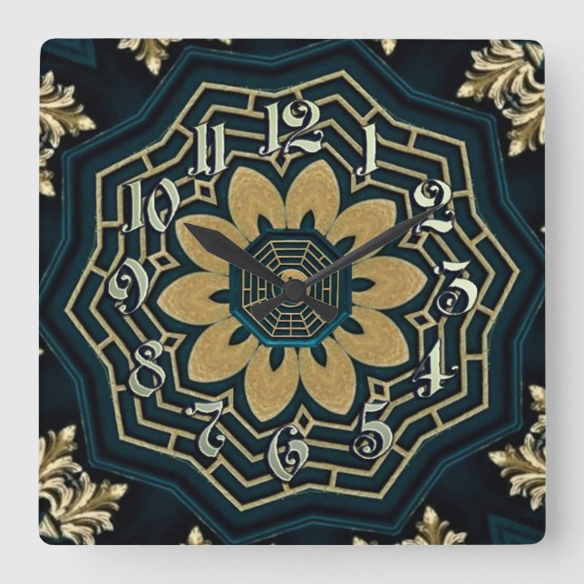 Relógio Quadrado Chic Gold & Green Asian Style (Frente)