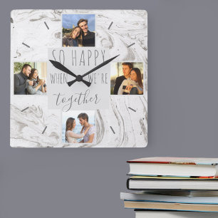 Relógio Quadrado Chic Marble Photo Collage Happy Together