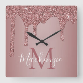 Relógio Quadrado Chic Rose Gold Sparkle Glitter Drips Monogram