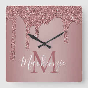 Relógio Quadrado Chic Rose Gold Sparkle Glitter Drips Monogram