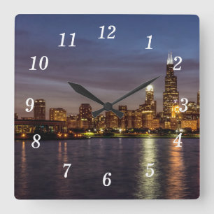 Relógio Quadrado Chicago Cityscape Night New Wall Clock