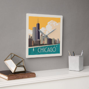 Relógio Quadrado Chicago   Linha Skyline Moderna