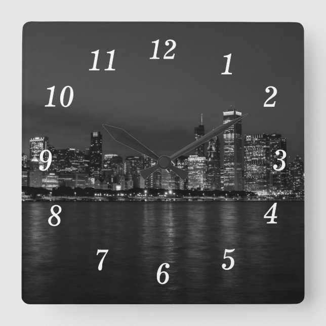 Relógio Quadrado Chicago Night Cinyscape Greyscale Wall Clock (Frente)