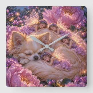 Relógio Quadrado Chihuahua Adormecido e Praça das Fadas