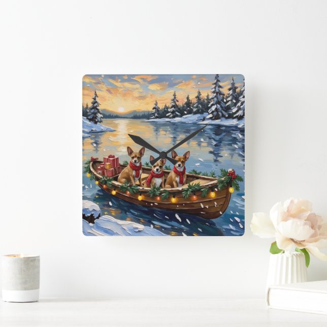 Relógio Quadrado Chihuahua Christmas Boat Holiday (Lar)