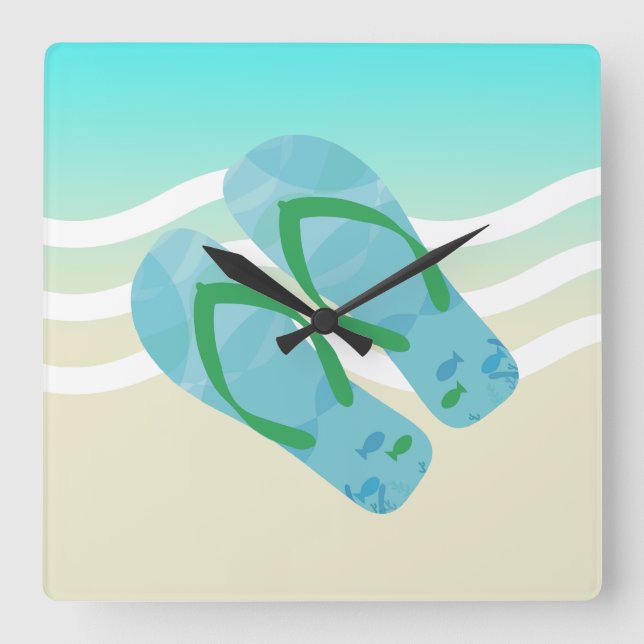 Relógio Quadrado Chinelos de ondas de praia de verão azul e verde (Frente)