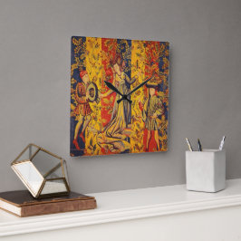 Relógio Quadrado Chinoiserie amarela azul-vermelha medieval italian