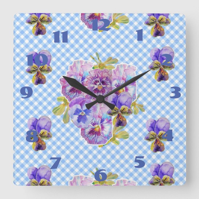 Relógio Quadrado Chique Azul Panteras Pansy Floral Check Clock (Frente)