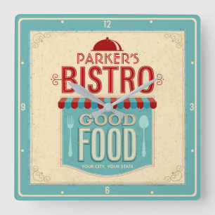 Relógio Quadrado Chique de NOME Personalizado Francês Bistro Cafe