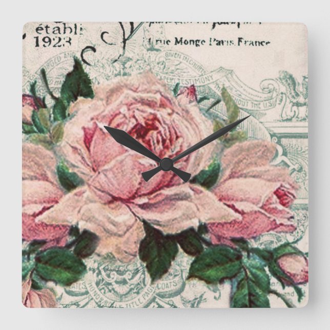 Relógio Quadrado chique, dissociação, vitoriano, chic francês, pa (Frente)
