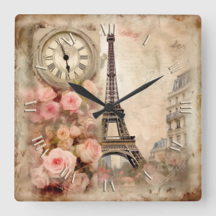 Relógio Quadrado chique rosa-romance em Paris -
