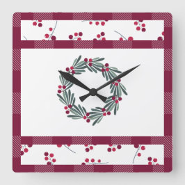 Relógio Quadrado Christmas Red Plaid Wreath Festive Holiday