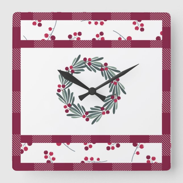 Relógio Quadrado Christmas Red Plaid Wreath Festive Holiday (Frente)