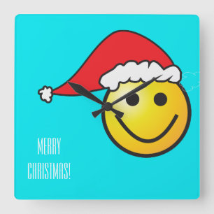 Relógio Quadrado Christmas Santa Hat Turquoise Happy Clock