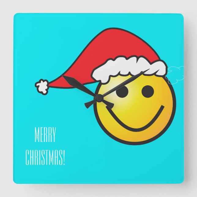 Relógio Quadrado Christmas Santa Hat Turquoise Happy Clock (Frente)