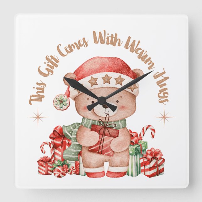 Relógio Quadrado Christmas Teddy Bear Wall Clock Nursery (Frente)