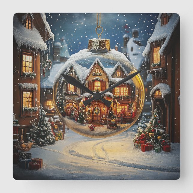 Relógio Quadrado Christmas Village Ornament Wall Clock (Frente)