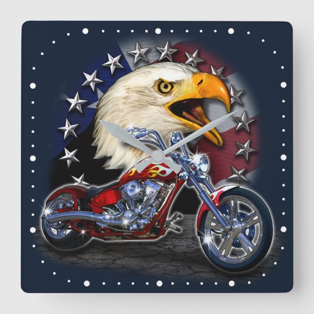 Relógio Quadrado Chrome Motorcycle Chopper Patriotic Eagle USA Flag (Frente)