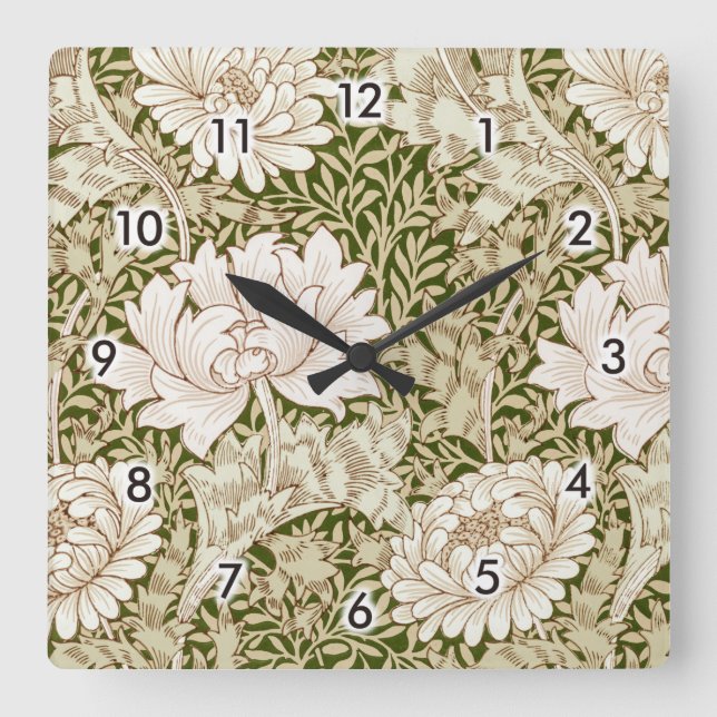 Relógio Quadrado Chrysanthemum Dourado, William Morris (Frente)