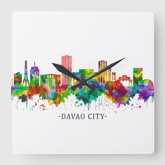 Relógio Quadrado Cidade de Davao Filipinas Skyline (Frente)