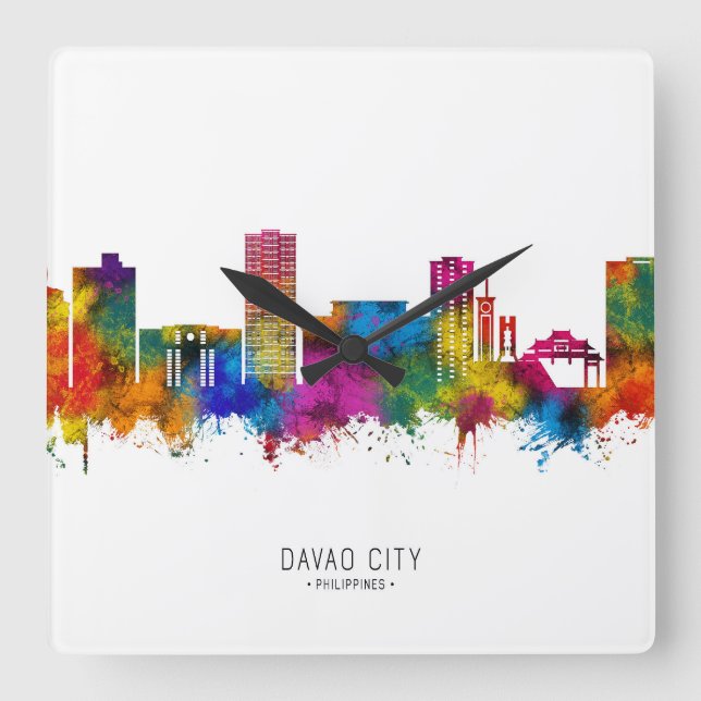Relógio Quadrado Cidade de Davao Filipinas Skyline (Frente)