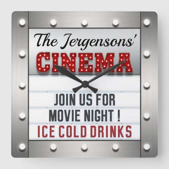 Relógio Quadrado Cinema Movie Night Theater Theatre Wall Clock  (Frente)