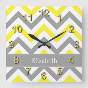 Relógio Quadrado Cinza Amarelo Branco LG Chevron Cinza Nome Monogra