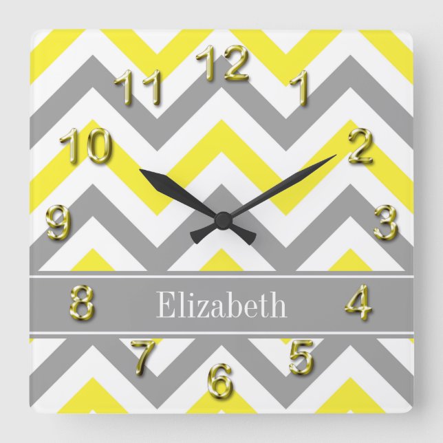 Relógio Quadrado Cinza Amarelo Branco LG Chevron Cinza Nome Monogra (Frente)