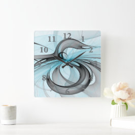 Relógio Quadrado Cinza Antracite Arte Fractal Azul Moderna