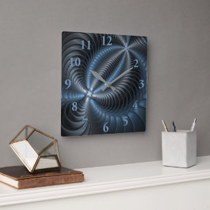 Relógio Quadrado Cinza Azul Plástico Arte Fractal 3D Abstrato