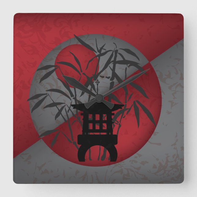 Relógio Quadrado Cinza bambu lua vermelha mini pagoda (Frente)