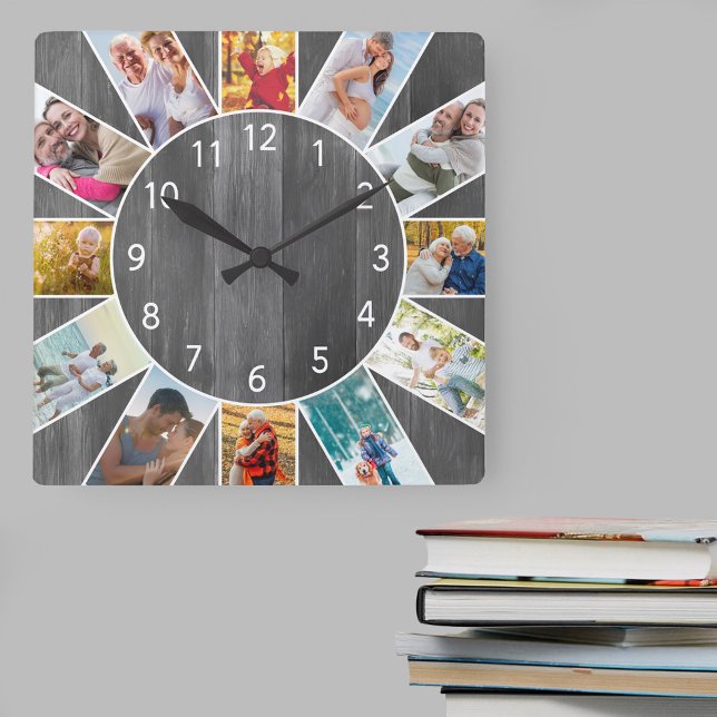 Relógio Quadrado Cinza de Colagem de Fotos Personalizada da Família (Photo clock with 12 photos, one at each hour. Great design for your home or a thoughtful photo gift.)