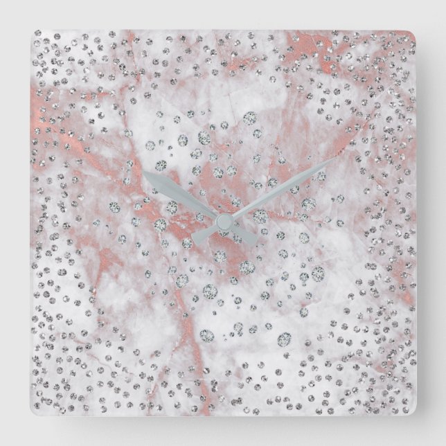 Relógio Quadrado Cinza de prata Confetti Diamantes Crystals Marble  (Frente)