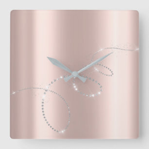 Relógio Quadrado Cinza de Prata Rosa de Pastel Cristais Infinitos D