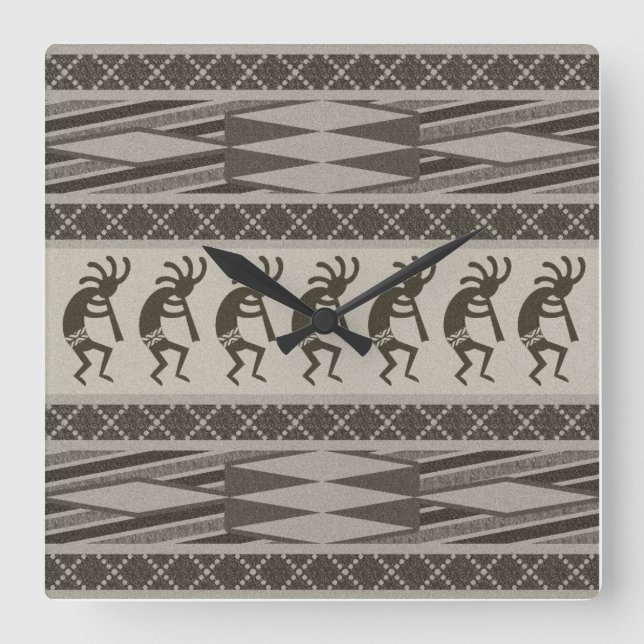 Relógio Quadrado Cinza E Design Aztec Kokopelli Preto (Frente)