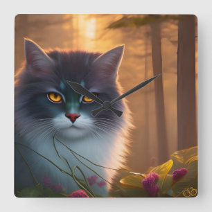 Relógio Quadrado Cinza e gato florestal branco fluffy, Fantasy