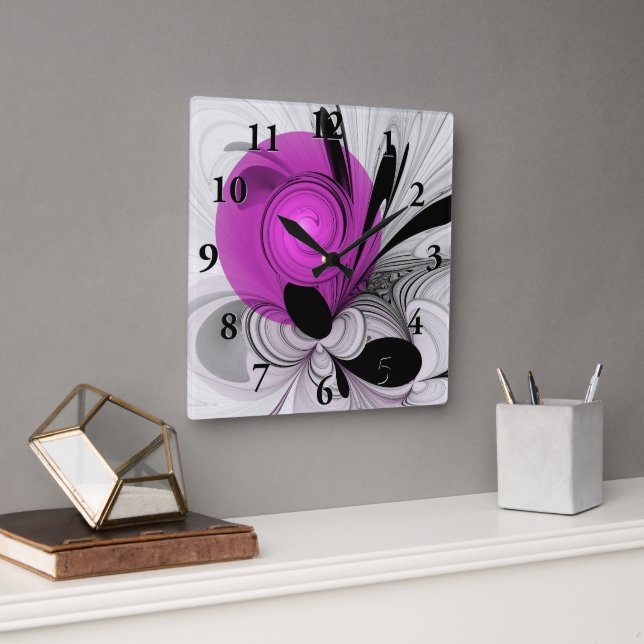 Relógio Quadrado Cinza Negra abstrato com Fratura Magenta (Escritório)
