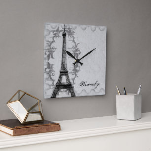 Relógio Quadrado Cinza Paris Grunge Wall Clock
