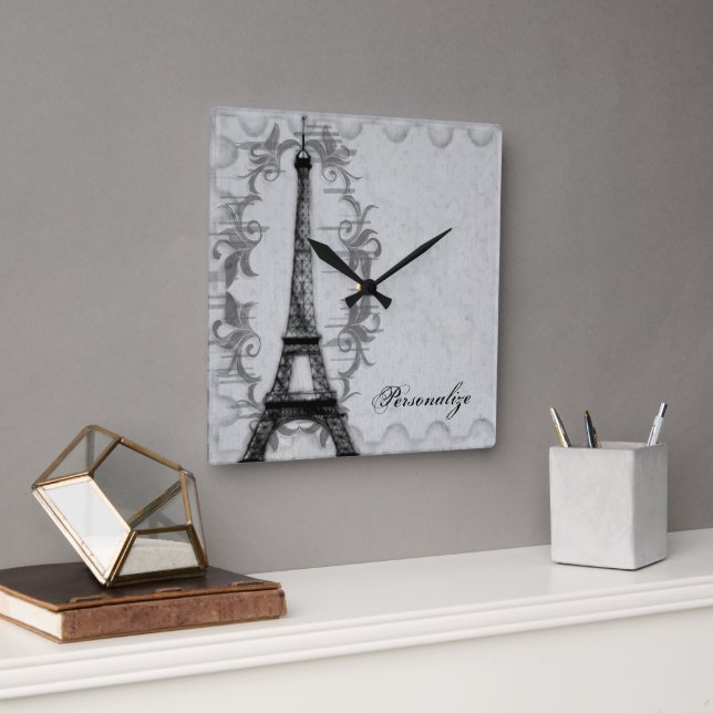 Relógio Quadrado Cinza Paris Grunge Wall Clock (Escritório)