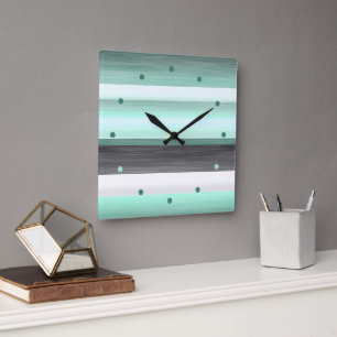 Relógio Quadrado Cinza Pastel Mint Green Black Watercolor Stripes
