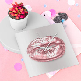 Relógio Quadrado Cinza Silver Kiss Lábios Rosa Rosa Dourada Makeup 